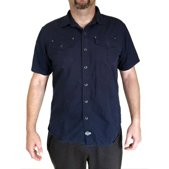 MERRELL navy blue button front down short sleeve pocket casual outdoorsy shirt L - Picture 1 of 9